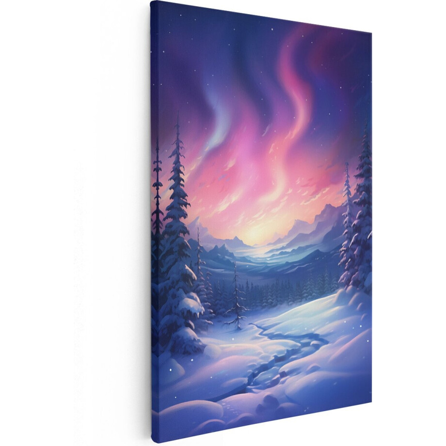 Artaza Canvas Schilderij Winter Landschap met het Poollicht - 80x120 - Groot - Foto Op Canvas - Wanddecoratie Woonkamer afbeelding 1