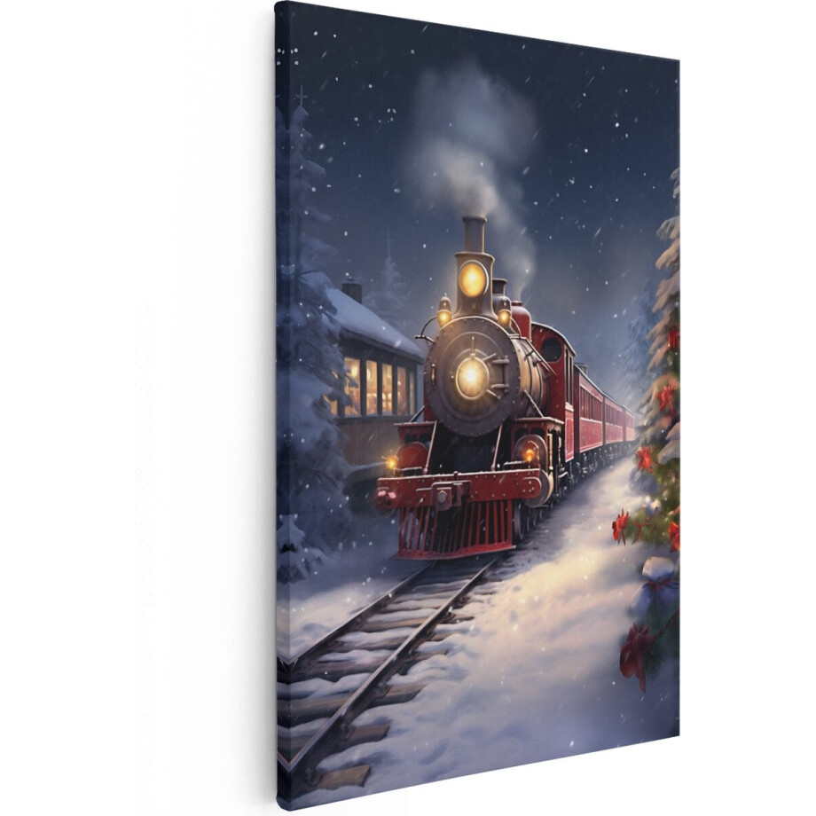 Artaza Canvas Schilderij Rode Locomotief Trein in het Winter Bos - Kerst - 60x90 cm - Wanddecoratie Woonkamer - Schilderijen - Muurdecoratie afbeelding 1