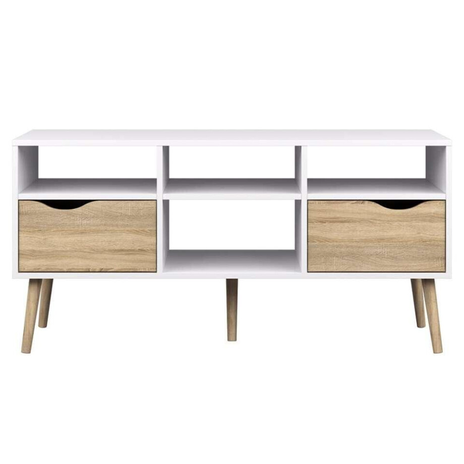 Leen Bakker - TV-meubel Delta 6-vaks - Wit/eikenkleur - 57,4x117,1x39 Cm - MDF - Wit#Bruin - 117.1x57.4x39 Cm Leen Bakker - TV-meubel Delta 6-vaks - Wit/eikenkleur - 57,4x117,1x39 Cm - MDF - Wit#Bruin - 117.1x57.4x39 Cm afbeelding 1