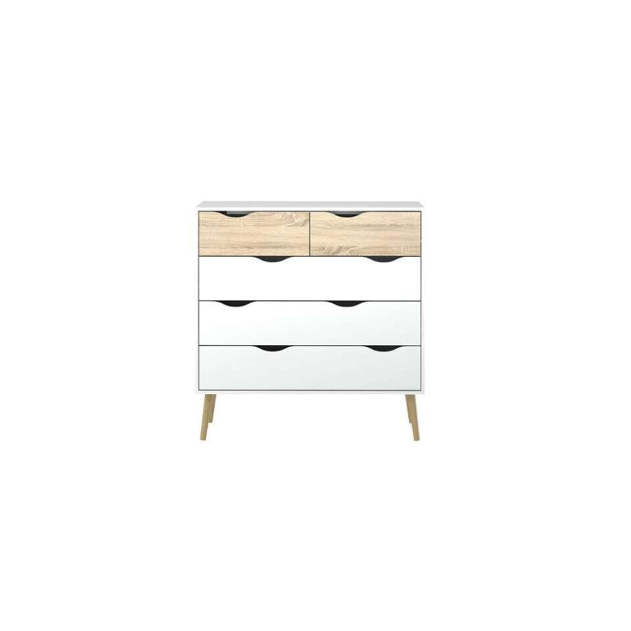 Leen Bakker - Ladekast Delta 5 Lades - Wit/eikenkleur - 100,9x98,6x39,5 Cm - MDF/Spaanplaat - Wit#Beige - 98.6x100.9x39 Cm afbeelding 1