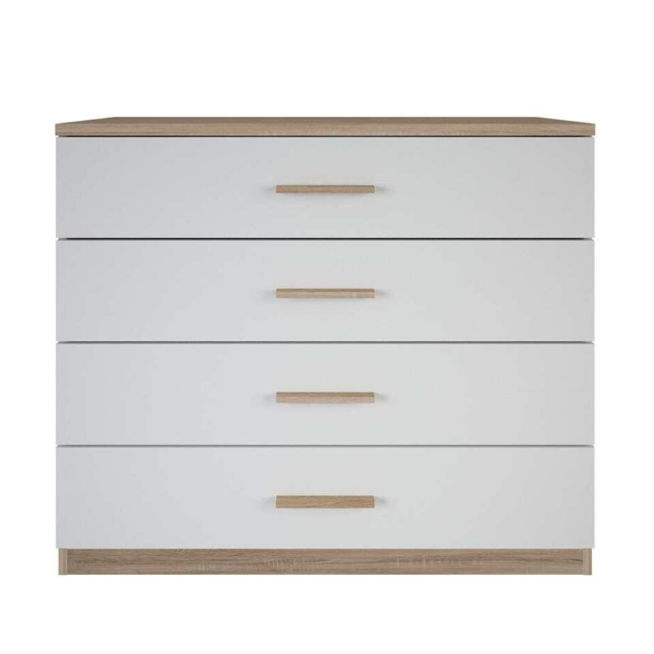Leen Bakker - Ladekast Selena 4 Lades - Eikenkleur/wit - 84,7x100x41,6 Cm - Spaanplaat - Beige#Wit - 41.6x100x84.7 Cm afbeelding 1