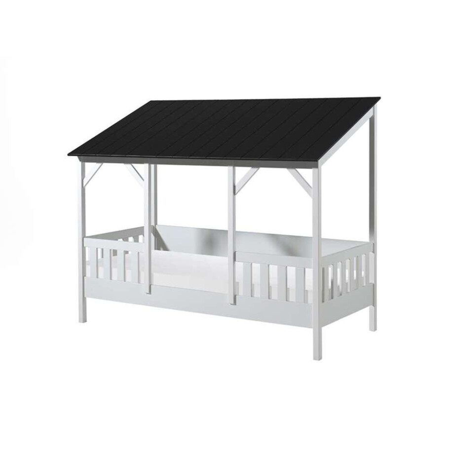 Leen Bakker - Vipack Huisbed Met Zwart Dak - Wit - 90x200 Cm - MDF/Grenenhout - Wit#Zwart - 106x214.2x174 Cm afbeelding 1