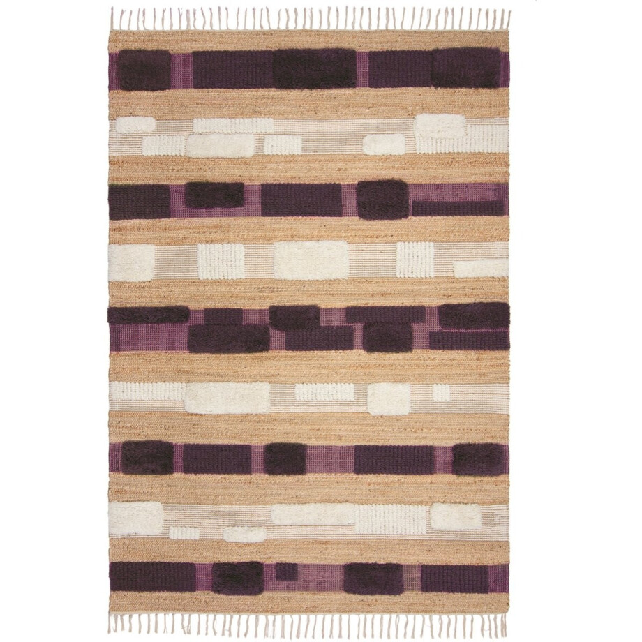 Flycarpets Laagpolig Medina Blocks Jute Vloerkleed Naturel / Paars 160x230 cm afbeelding 1