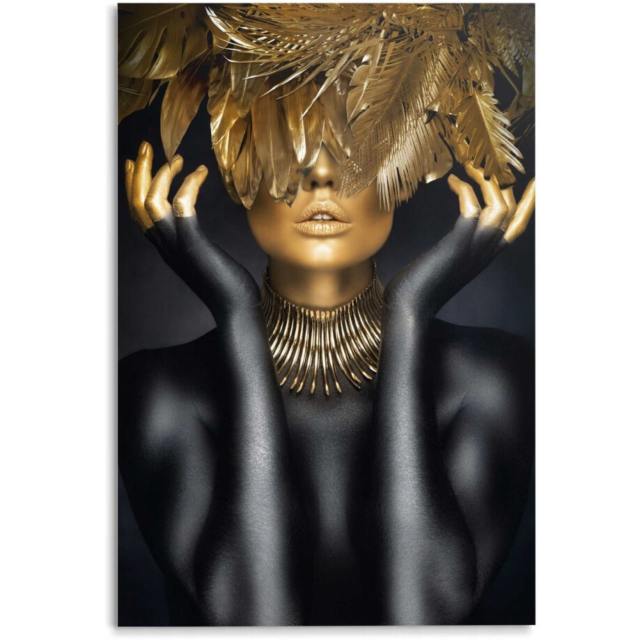 Glasschilderij Vrouw met gouden veren - 116x78cm - Glas - REINDERS Glasschilderij Vrouw met gouden veren - 116x78cm - Glas - REINDERS afbeelding 1