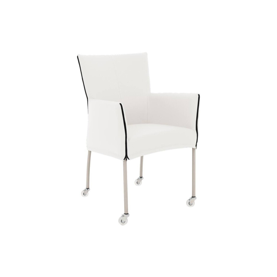 Goossens Eetkamerstoel Funk RVS Poten wit leer met armleuning en Transparant skater wiel met rvs kapmet wielen, modern design afbeelding 1