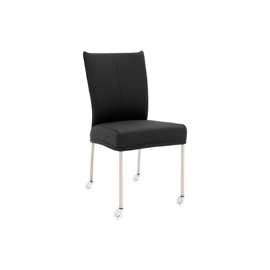 Goossens Eetkamerstoel Funk RVS Poten zwart leer leuning en met wielenTransparant skater wiel met rvs kap, modern design Goossens Eetkamerstoel Funk RVS Poten zwart leer leuning en met wielenTransparant skater wiel met rvs kap, modern design afbeelding 1