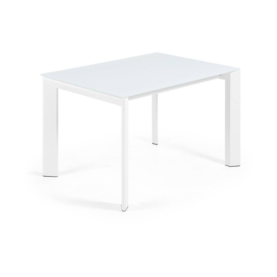 Kave Home Kave Home Axis, Axis uitschuifbare tafel in wit glas en wit stalen poten 120 (180) cm afbeelding 