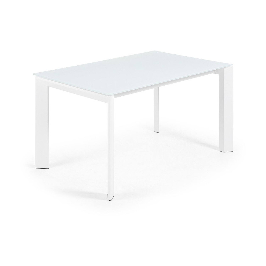 Kave Home Kave Home Axis, Axis uitschuifbare tafel in wit glas en wit stalen poten 140 (200) cm afbeelding 