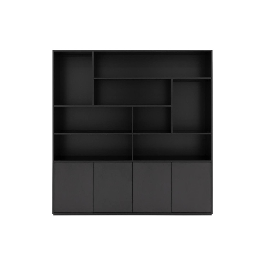 Goossens Basic Buffetkast Madrid, 4 dichte deuren 8 open vakken, zwart melamine, 184 x 191 x 45 cm, elegant chic afbeelding 1