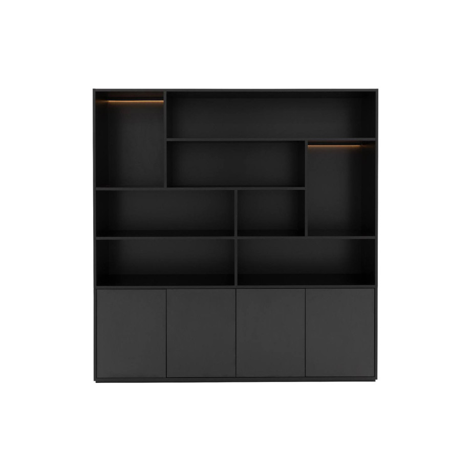 Goossens Basic Buffetkast Madrid, 4 dichte deuren 8 open vakken, zwart melamine, 184 x 191 x 45 cm, elegant chic afbeelding 1