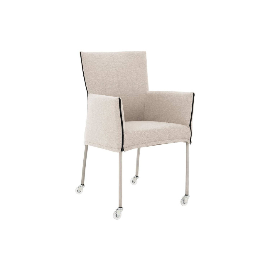 Goossens Eetkamerstoel Funk RVS Poten beige stof met armleuning en Transparant skater wiel met rvs kapmet wielen, modern design afbeelding 1