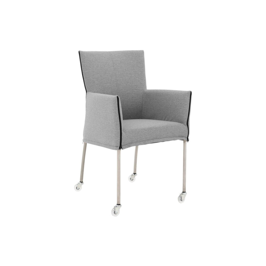 Goossens Eetkamerstoel Funk RVS Poten grijs stof met armleuning en Transparant skater wiel met rvs kapmet wielen, modern design afbeelding 1