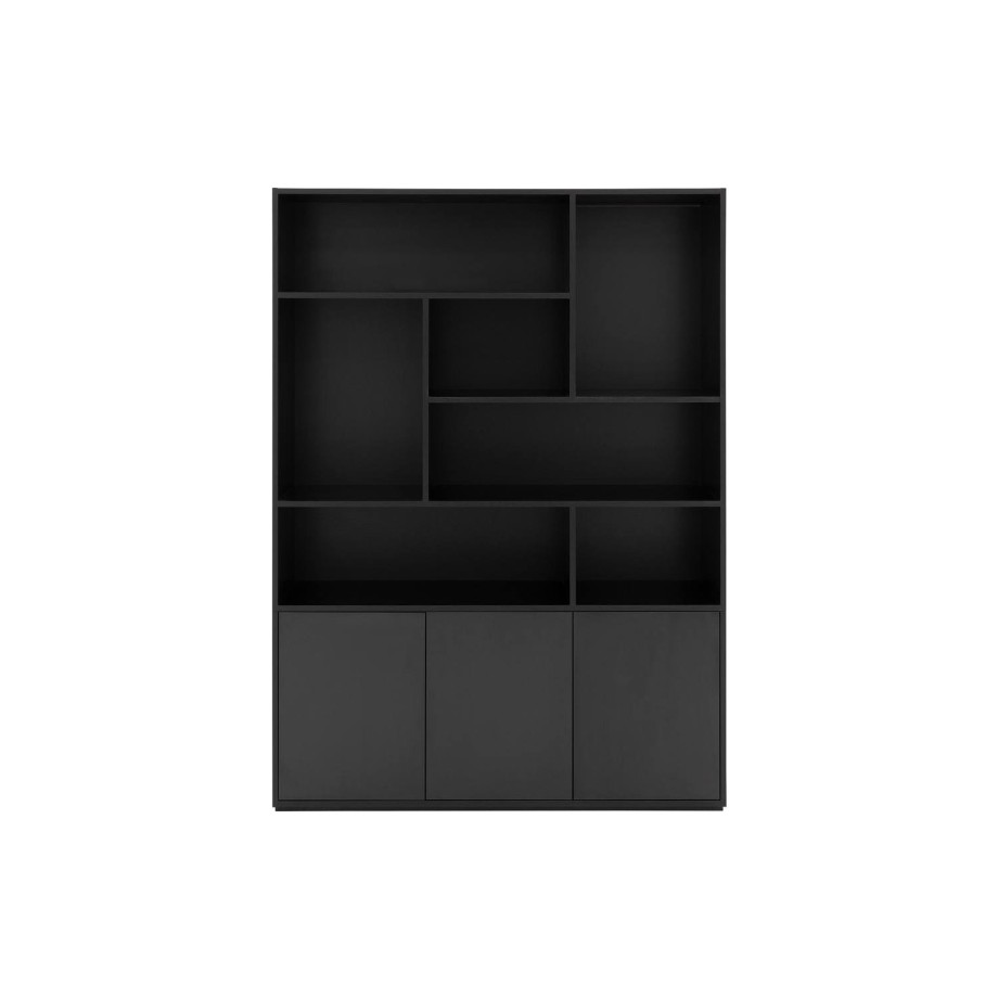 Goossens Basic Buffetkast Madrid, 3 dichte deuren 7 open vakken, zwart melamine, 139 x 191 x 45 cm, elegant chic afbeelding 1