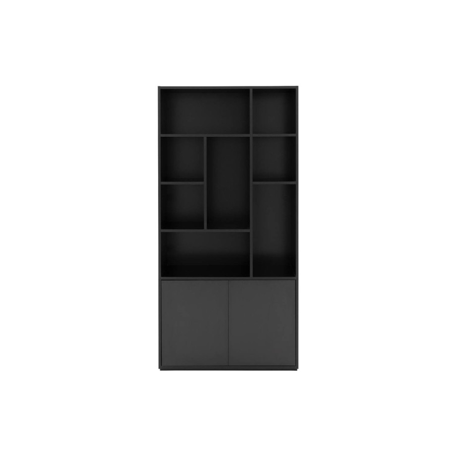 Goossens Basic Buffetkast Madrid, 2 dichte deuren 8 open vakken, zwart melamine, 94 x 191 x 45 cm, elegant chic afbeelding 1