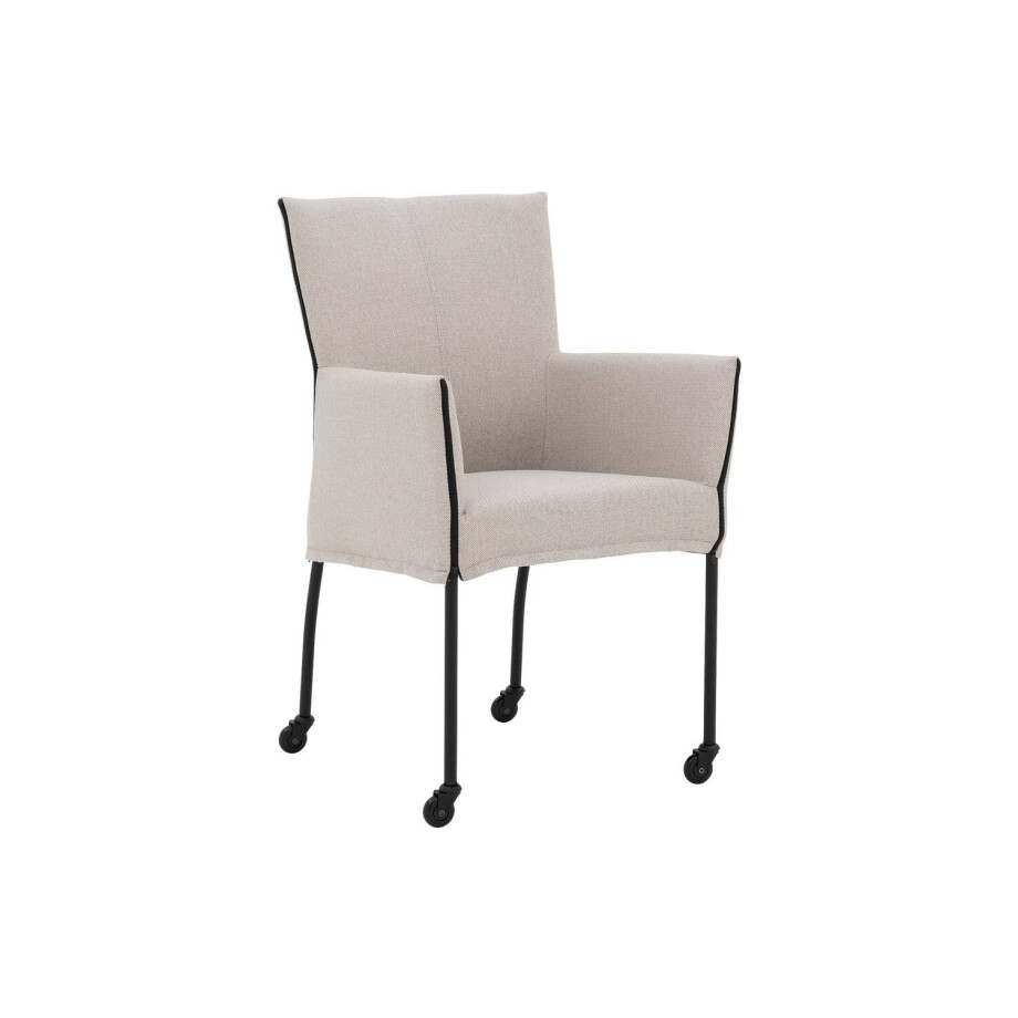 Goossens Eetkamerstoel Funk Zwarte Poten beige stof met armleuning en Zwart skater wiel met zwarte kapmet wielen, modern design afbeelding 1