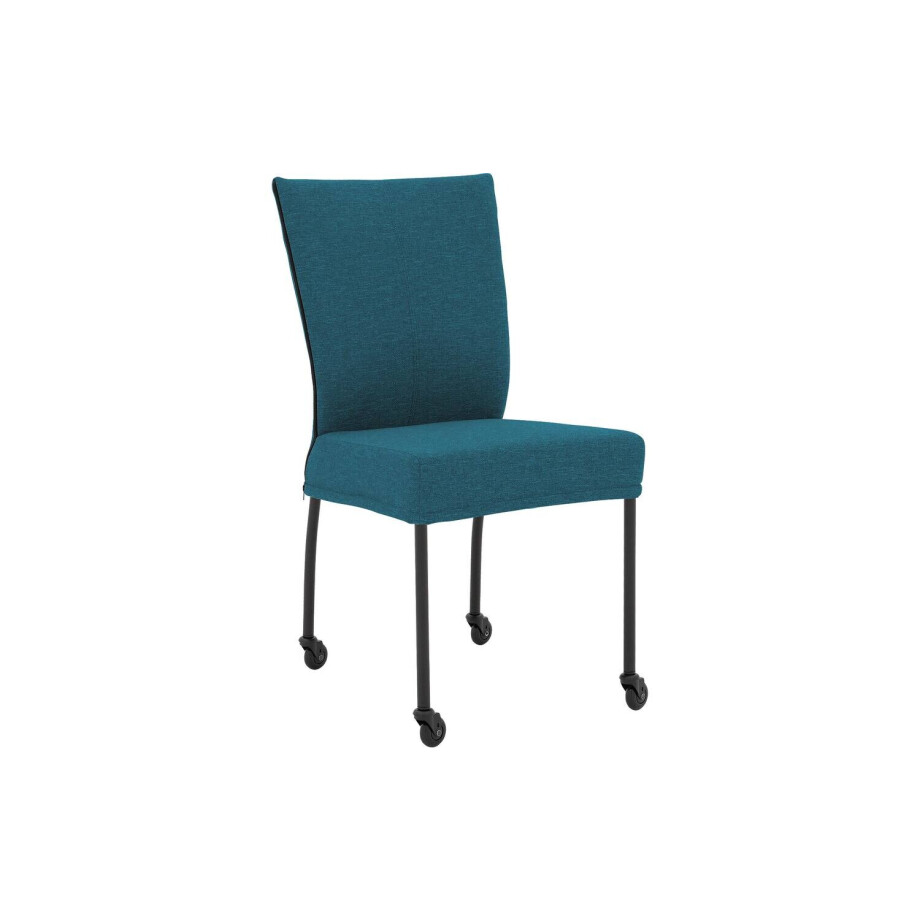 Goossens Eetkamerstoel Funk Zwarte Poten blauw stof leuning en met wielenZwart skater wiel met zwarte kap, modern design Goossens Eetkamerstoel Funk Zwarte Poten blauw stof leuning en met wielenZwart skater wiel met zwarte kap, modern design afbeelding 1