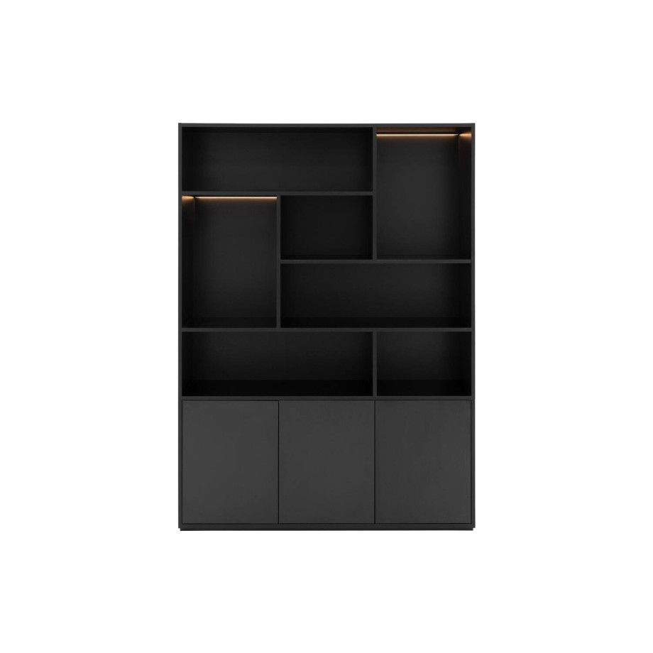 Goossens Basic Buffetkast Madrid, 3 dichte deuren 7 open vakken, zwart melamine, 139 x 191 x 45 cm, elegant chic afbeelding 1