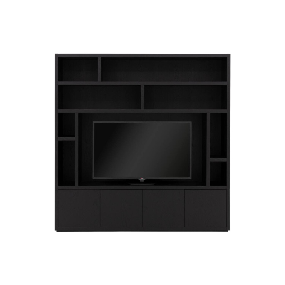 Goossens Tv Meubel Barcelona, 4 deuren 8 open vakken 1 tv paneel, zwart eiken, 208 x 212 x 45 cm, stijlvol landelijk afbeelding 1