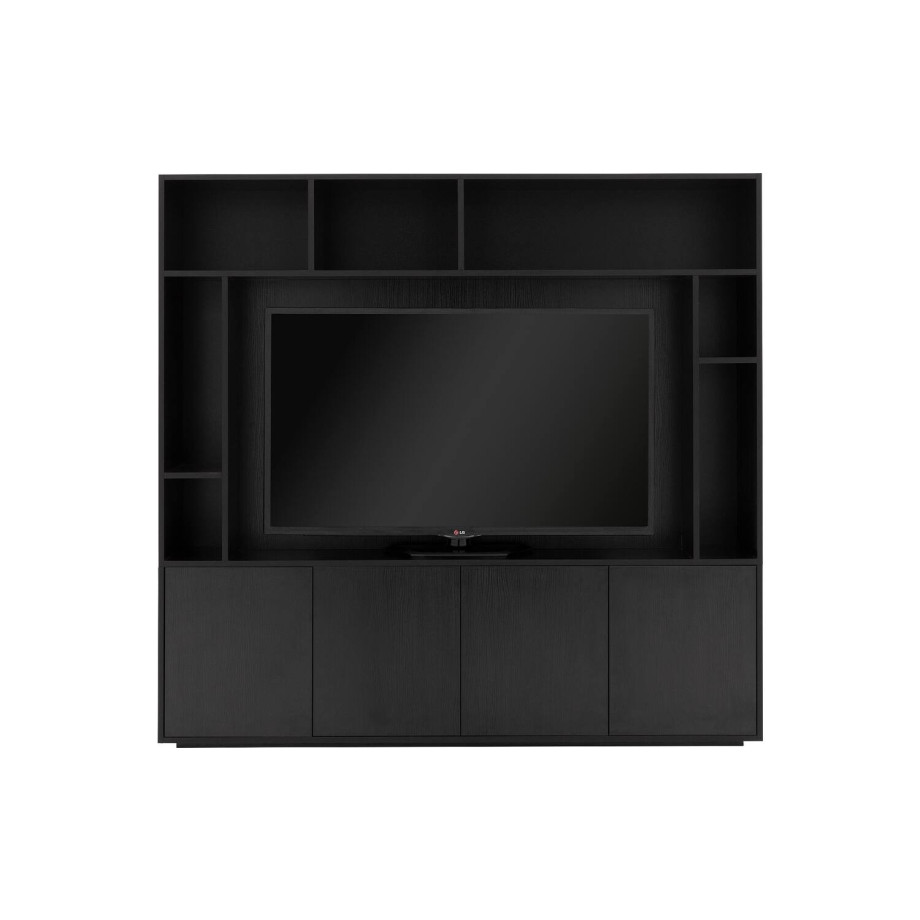 Goossens Basic Tv Meubel Madrid, 4 deuren 7 open vakken 1 tv paneel, zwart melamine, 184 x 176 x 45 cm, elegant chic afbeelding 1