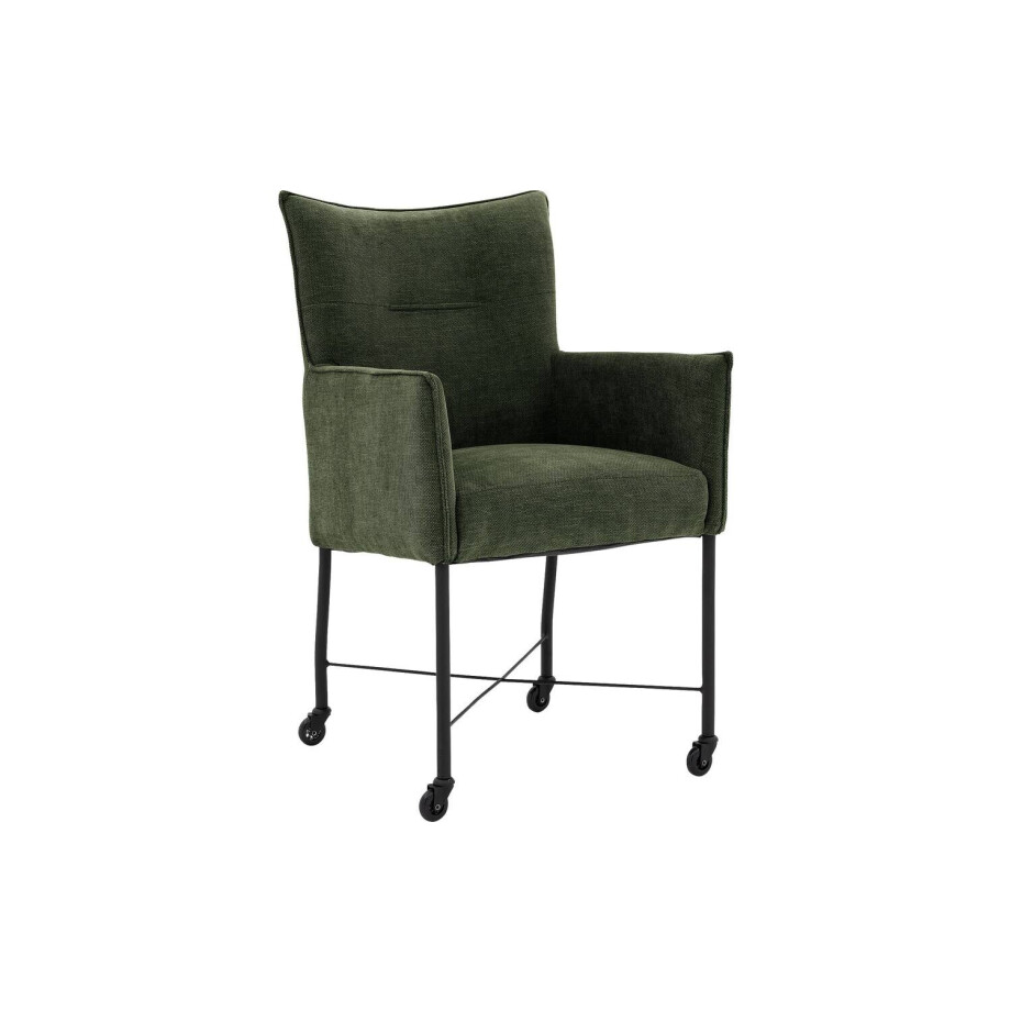 Goossens Eetkamerstoel Erik groen stof met armleuning en met wielenmet skaterwielen, modern design Goossens Eetkamerstoel Erik groen stof met armleuning en met wielenmet skaterwielen, modern design afbeelding 1