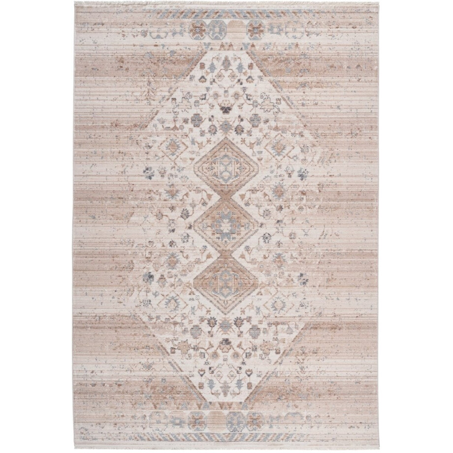 Padiro laagpolig vloerkleed - 160 x 230 cm - Beige - Oriëntaals / Oosters Vintage, Decoratief patroon - Polypropyleen, Katoen - met franjes - vloerverwarming afbeelding 1