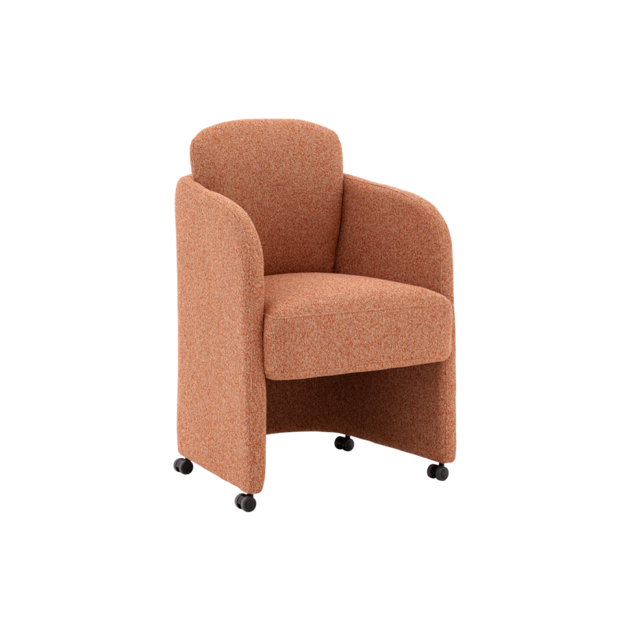 Goossens Eetkamerstoel Leah roze stof met armleuning en met wielen, modern design afbeelding 1