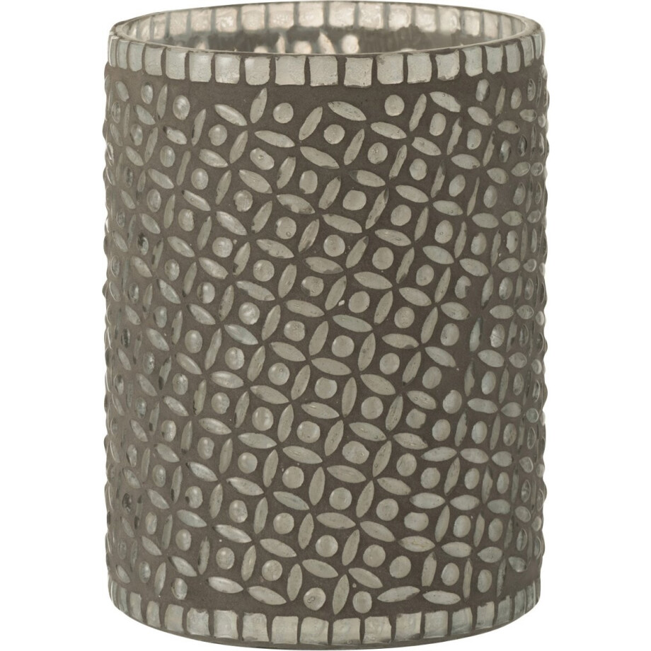 Windlicht / theelichthouder / waxinelichtjeshouder met bolletjes en strepen - Grijs / transparant - 12.5 x 12.5 x 17 cm hoog. afbeelding 1