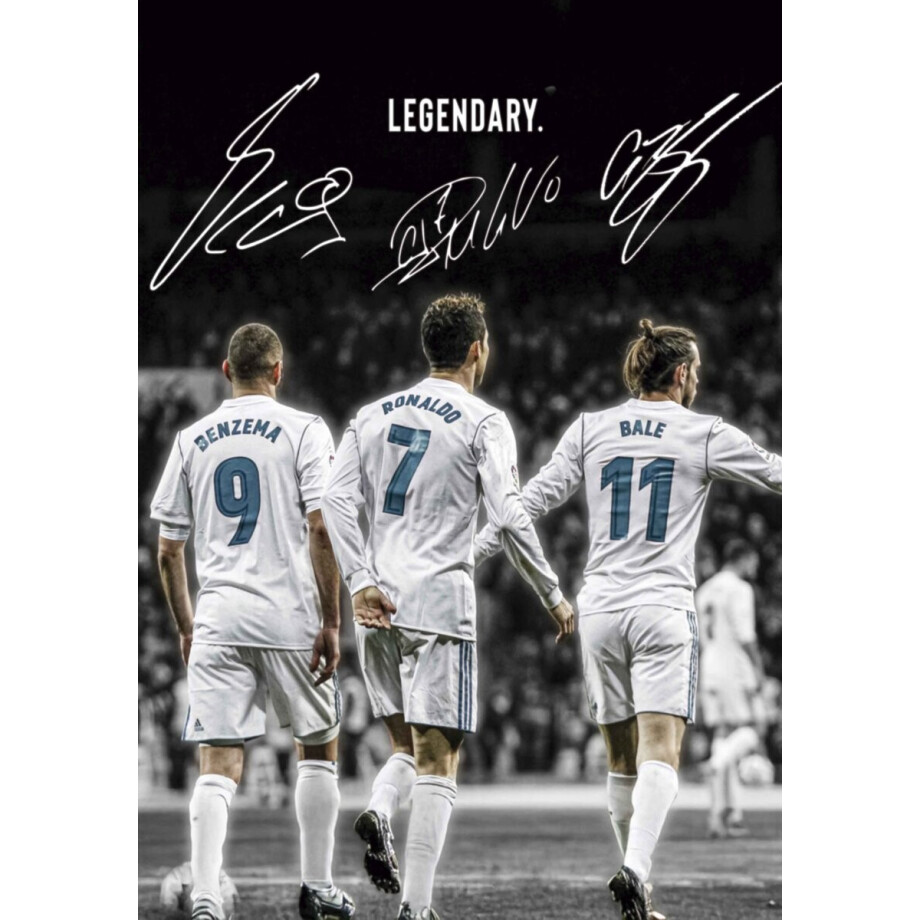 Benzema Ronaldo Bale Poster Ingelijst – Legendary – A4 (21x30cm) – Madrid Voetbal Poster – Inclusief Zwart Frame – Wall Art afbeelding 1