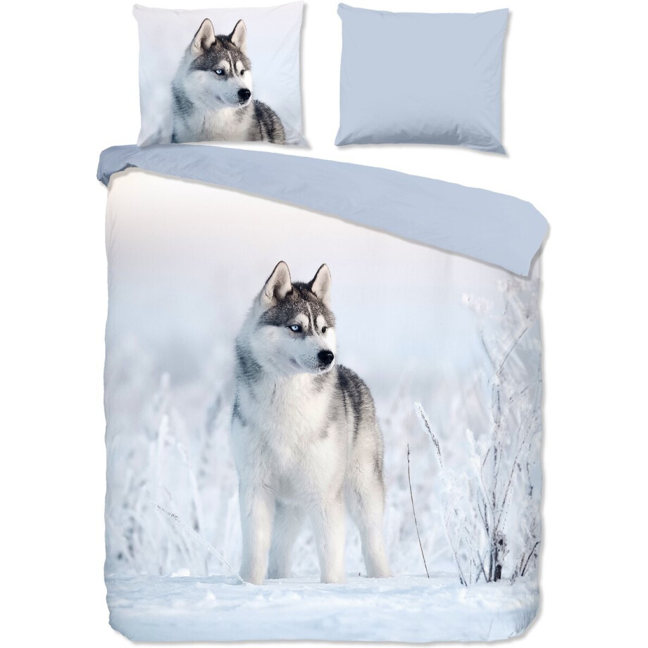 Good Morning dekbedovertrek husky hond - Lits jumeaux 240x200/220 cm - Blauw - 100% Katoen renforce afbeelding 1