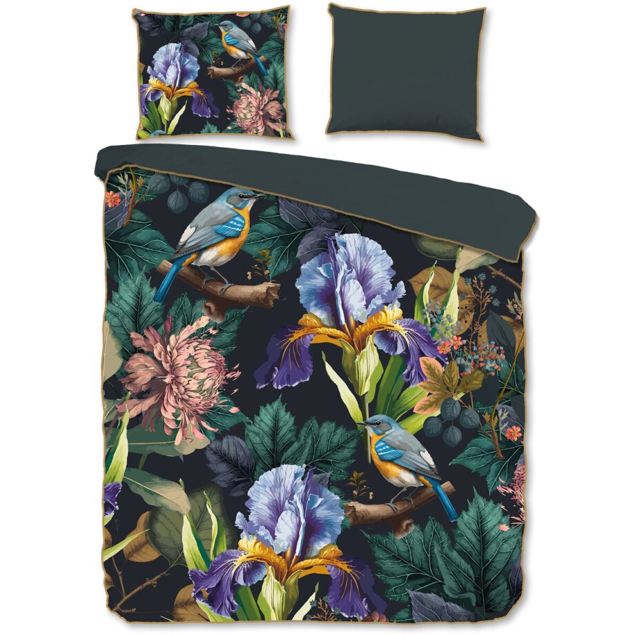 Descanso Dekbedovertrek "bloemen en vogels" - Antraciet - (200x200/220 cm) - Katoen Satijn afbeelding 1