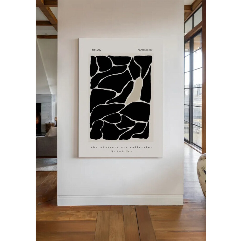 Yourwallarts.com - Wandpaneel - Canvas - Abstracte Zwarte Rotsen Witte Lijnen Organisch Modern Schild afbeelding 1