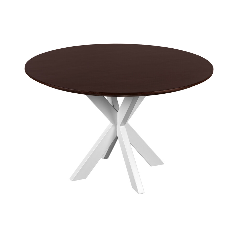 QUVIO Eettafel Sofia - Rond - ø120 cm - Witte kruispoot - FSC® gecertificeerd mangohout - Walnoot bruin QUVIO Eettafel Sofia - Rond - ø120 cm - Witte kruispoot - FSC® gecertificeerd mangohout - Walnoot bruin afbeelding 1