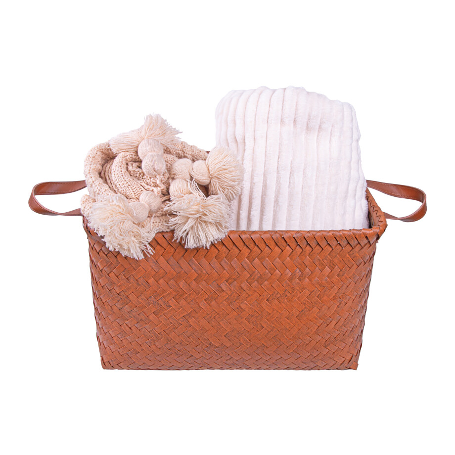 QUVIO Opbergmand gevlochten - Met handvatten - Rechthoek - Rotan - 38x28x24 cm - Bruin afbeelding 1