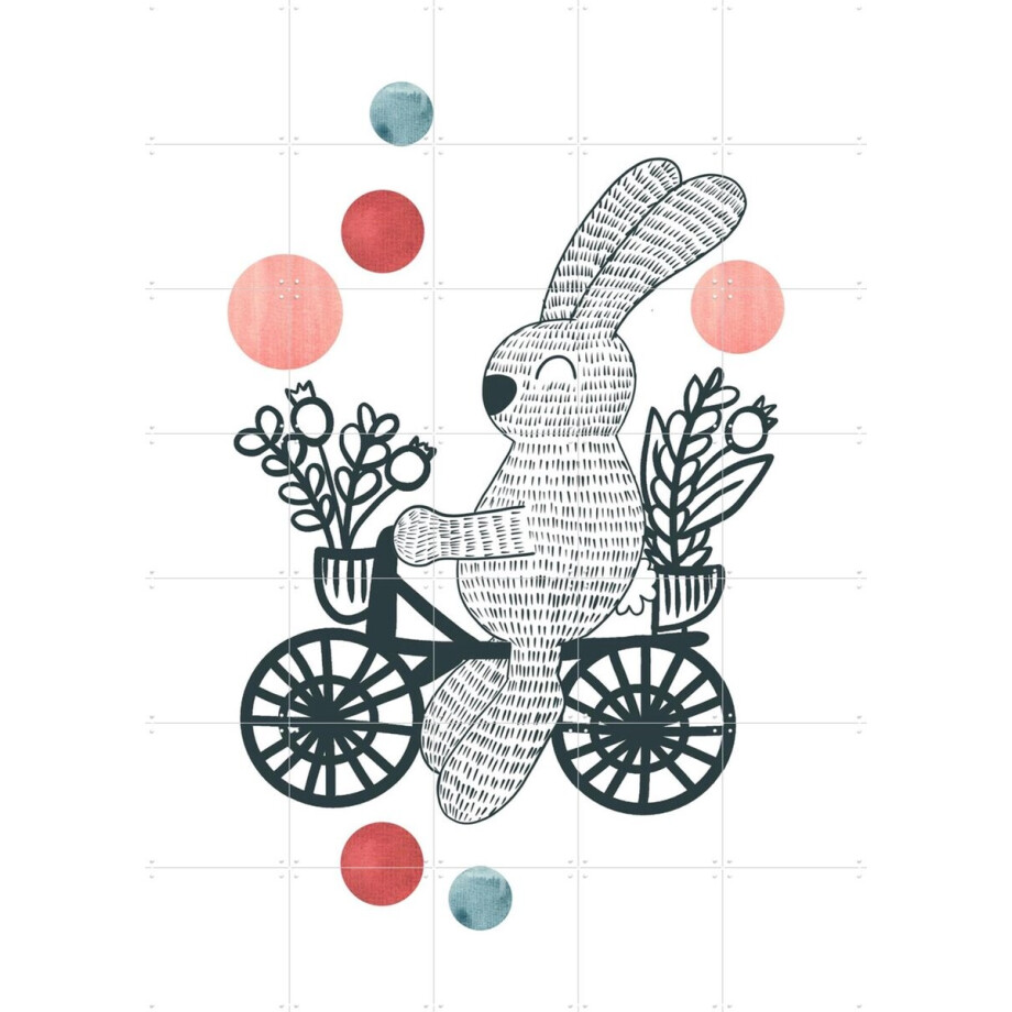 IXXI Happy Rabbit on a Bike, BAINAI - 100 x 140 cm - Grote wanddecoratie en posters - Fantasierijk, Grafisch Ontwerp, Illustraties, Cartoonesk afbeelding 1
