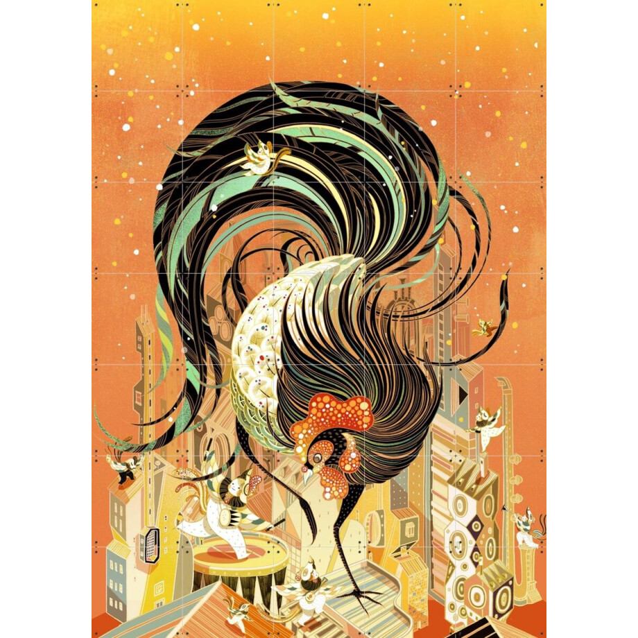 IXXI Rooster, Victo Ngai - 100 x 140 cm - Grote wanddecoratie en posters - Digitale Kunst, Speels, Illustraties, Grafisch Ontwerp, Woonkamer, Dieren afbeelding 1