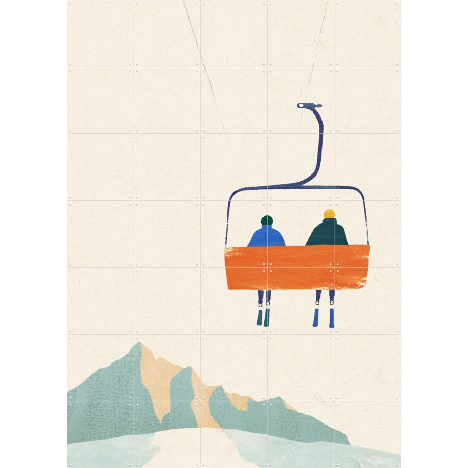 IXXI Ski Day 1 - Chairlift, Henry Rivers - 100 x 140 cm - Gratis ophangtool - Grote wanddecoratie en posters - Speels, Digitale Kunst, Minimalistisch afbeelding 1