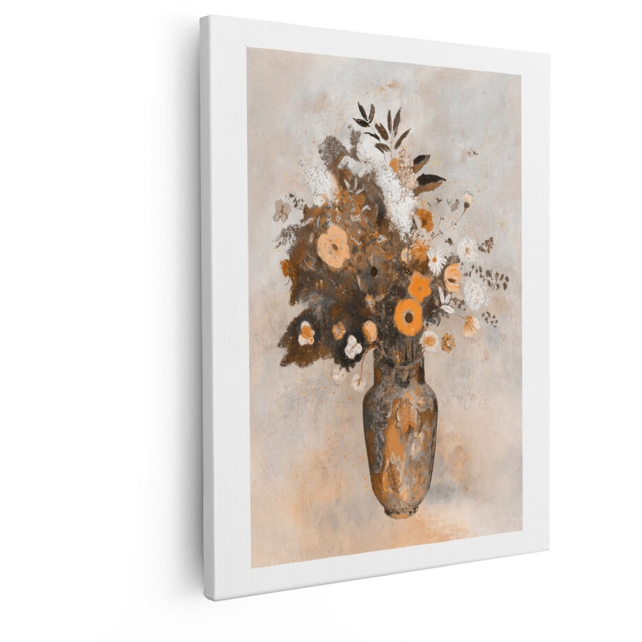 Artaza Canvas Schilderij Boeket Oranje en Witte Bloemen in een Antieke Vaas - Schilderachtige Stijl - 40x50 cm - Wanddecoratie Woonkamer - Schilderijen - Muurdecoratie afbeelding 1