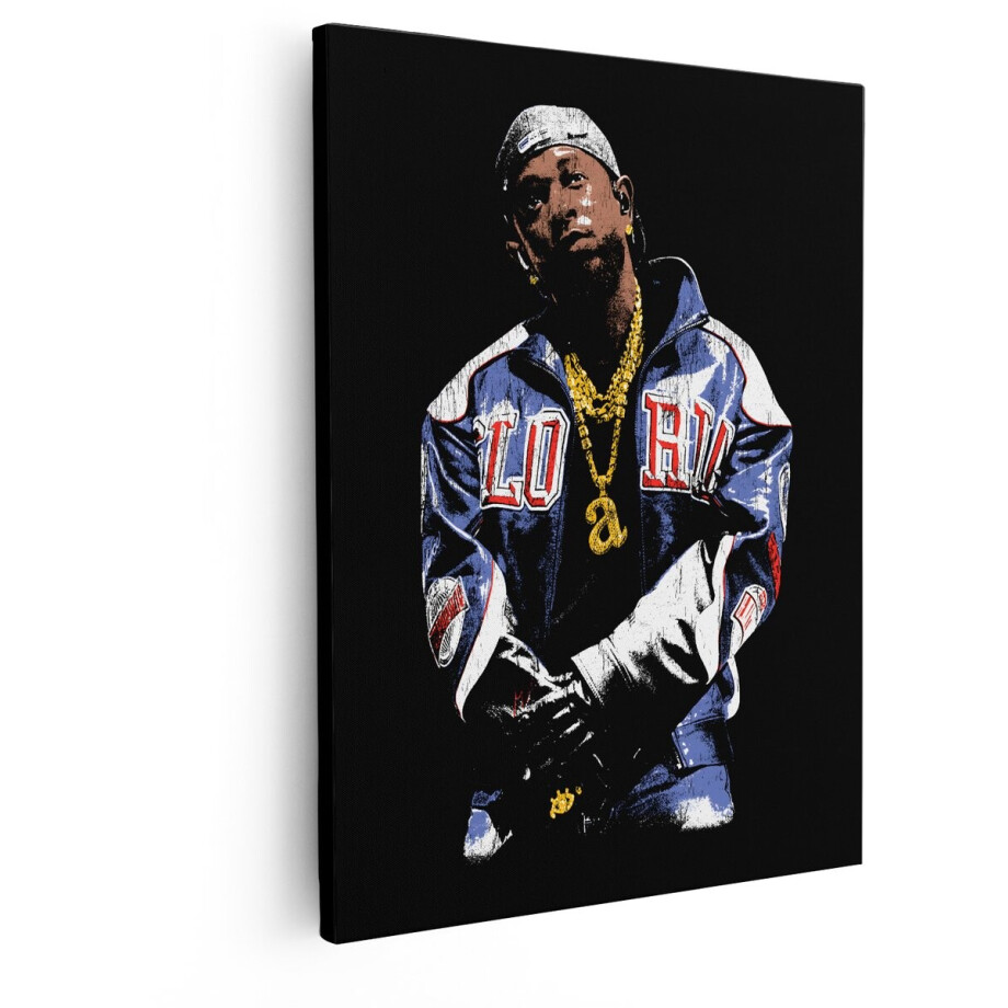 Artaza Canvas Schilderij Rapper A$Ap Rocky in Zijn Kenmerkende Stijl met Gouden Kettingen en een Bomberjack - 80x100 cm - Groot - Wanddecoratie Woonkamer - Schilderijen - Muurdecoratie afbeelding 1