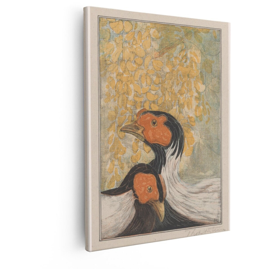 Artaza Canvas Schilderij Twee Kraanvogels met Oranje Gezichten en Gele Bloesems op de Achtergrond - 40x50 cm - Wanddecoratie Woonkamer - Schilderijen - Muurdecoratie afbeelding 1