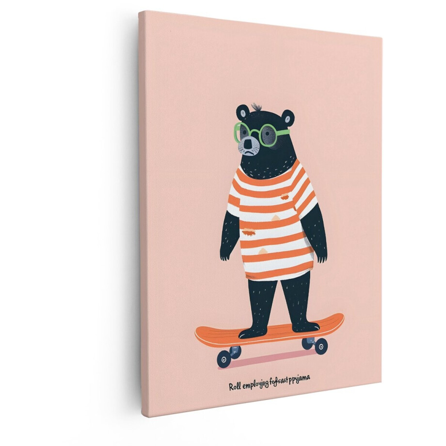 Artaza Canvas Schilderij Grappige Beer met Bril op Skateboard - Cartoonstijl - Oranje Gestreept Shirt - 80x100 cm - Groot - Wanddecoratie Woonkamer - Schilderijen - Muurdecoratie afbeelding 1