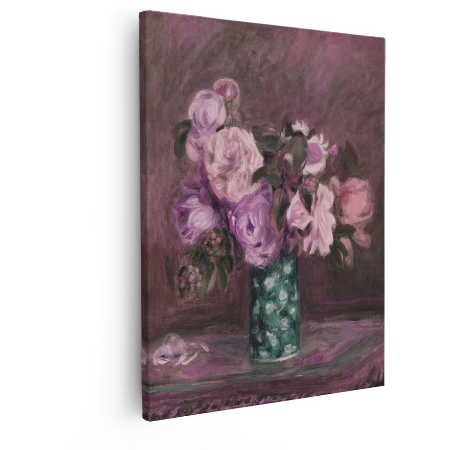 Artaza Canvas Schilderij Impressionistische Rozen in Vaas - Zachte Paarse en Roze Tinten - Schilderij - 80x100 cm - Groot - Wanddecoratie Woonkamer - Schilderijen - Muurdecoratie afbeelding 1