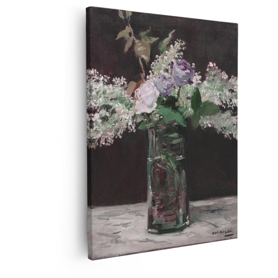 Artaza Canvas Schilderij Bloemen Boeket - 80x100 cm - Wanddecoratie Stilleven Manet - Muurdecoratie Rozen En Seringen - Decoratie Woonkamer afbeelding 1