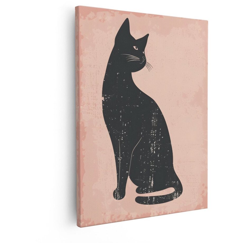Artaza Canvas Schilderij Zwarte Kat Silhouet met Vintage Textuur op Roze Achtergrond - 40x50 cm - Wanddecoratie Woonkamer - Schilderijen - Muurdecoratie afbeelding 1