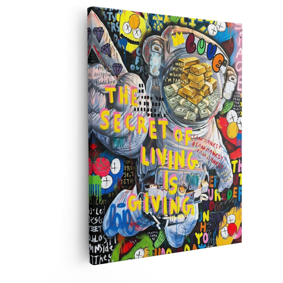 Artaza Canvas Schilderij Astronaut Banksy - 80x100 cm - Wanddecoratie Goud - Muurdecoratie Pop Art - Decoratie Dollar - Kleurrijk afbeelding 1