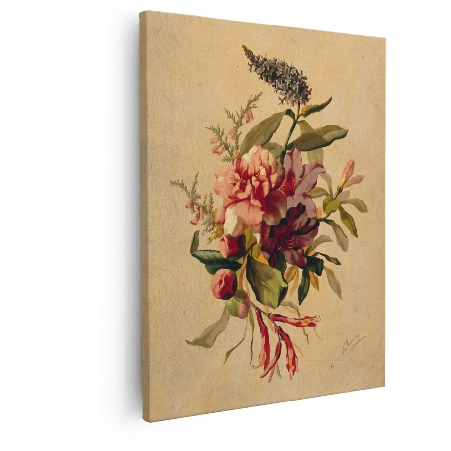 Artaza Canvas Schilderij Klassiek Bloemstilleven met Roze en Rode Bloemen en Groen Gebladerte - 40x50 cm - Wanddecoratie Woonkamer - Schilderijen - Muurdecoratie afbeelding 1