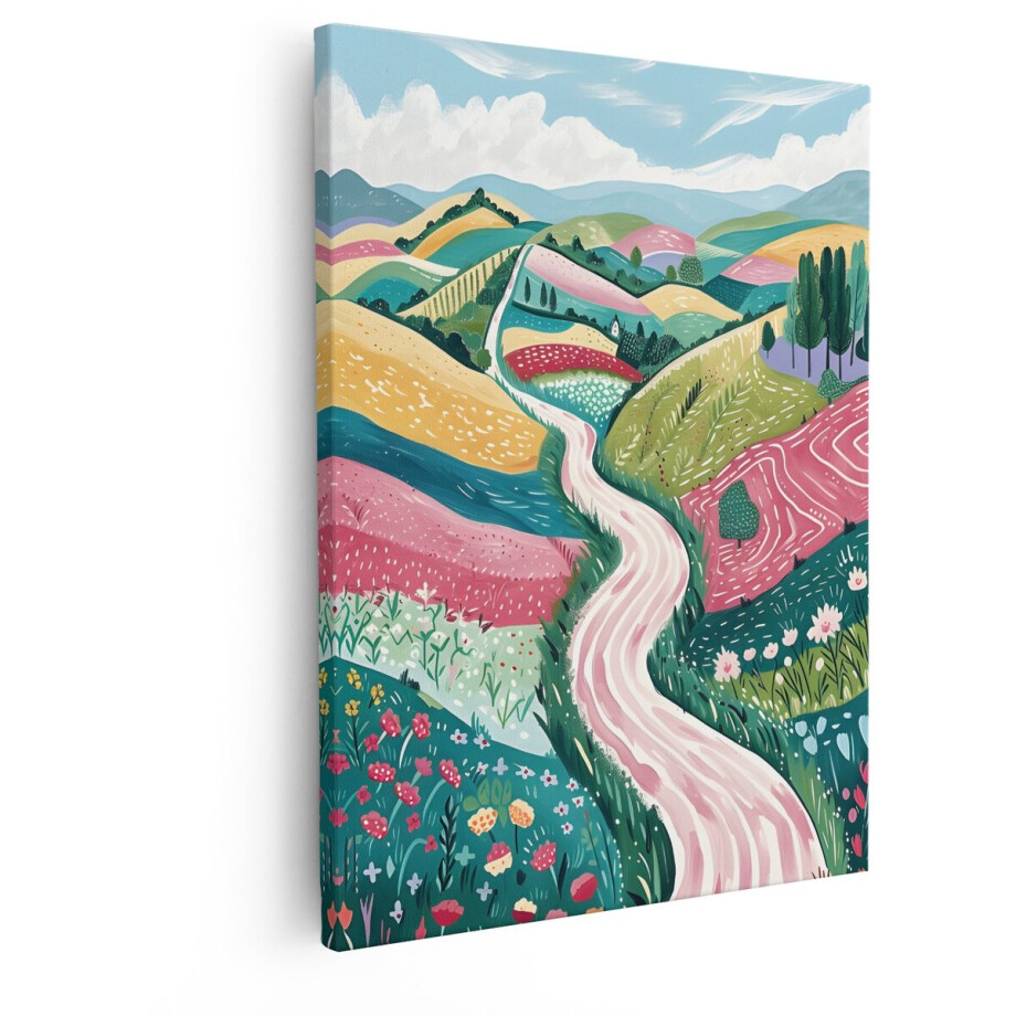 Artaza Canvas Schilderij Kleurrijk Landschap - 40x50 cm - Wanddecoratie Bloemen - Muurdecoratie Natuur - Decoratie Woonkamer - Roze afbeelding 1