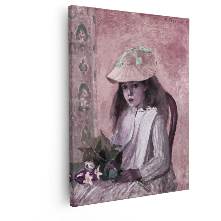 Artaza Canvas Schilderij Camille Pissarro'S Schilderij van een Meisje met Bloemen en Hoed - 40x50 cm - Wanddecoratie Woonkamer - Schilderijen - Muurdecoratie afbeelding 1
