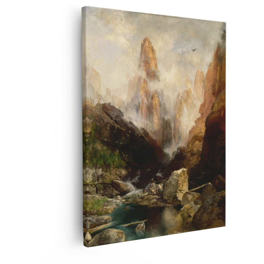 Artaza Canvas Schilderij Majestueuze Berglandschap met Waterval en Adelaar in de Lucht - 80x100 cm - Groot - Wanddecoratie Woonkamer - Schilderijen - Muurdecoratie afbeelding 1
