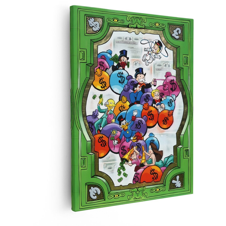 Artaza Canvas Schilderij Rijke Stripfiguren Genieten van Geldzakken in een Kunstwerk met Geldbiljetten - 80x100 cm - Groot - Wanddecoratie Woonkamer - Schilderijen - Muurdecoratie afbeelding 1