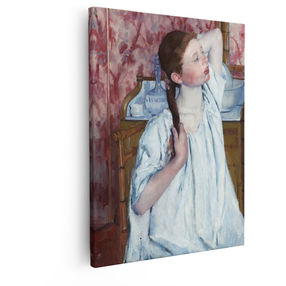Artaza Canvas Schilderij Meisje met Bruin haar Kamt haar Staart in een Witte Jurk - Impressionistische Stijl - 80x100 cm - Groot - Wanddecoratie Woonkamer - Schilderijen - Muurdecoratie afbeelding 1